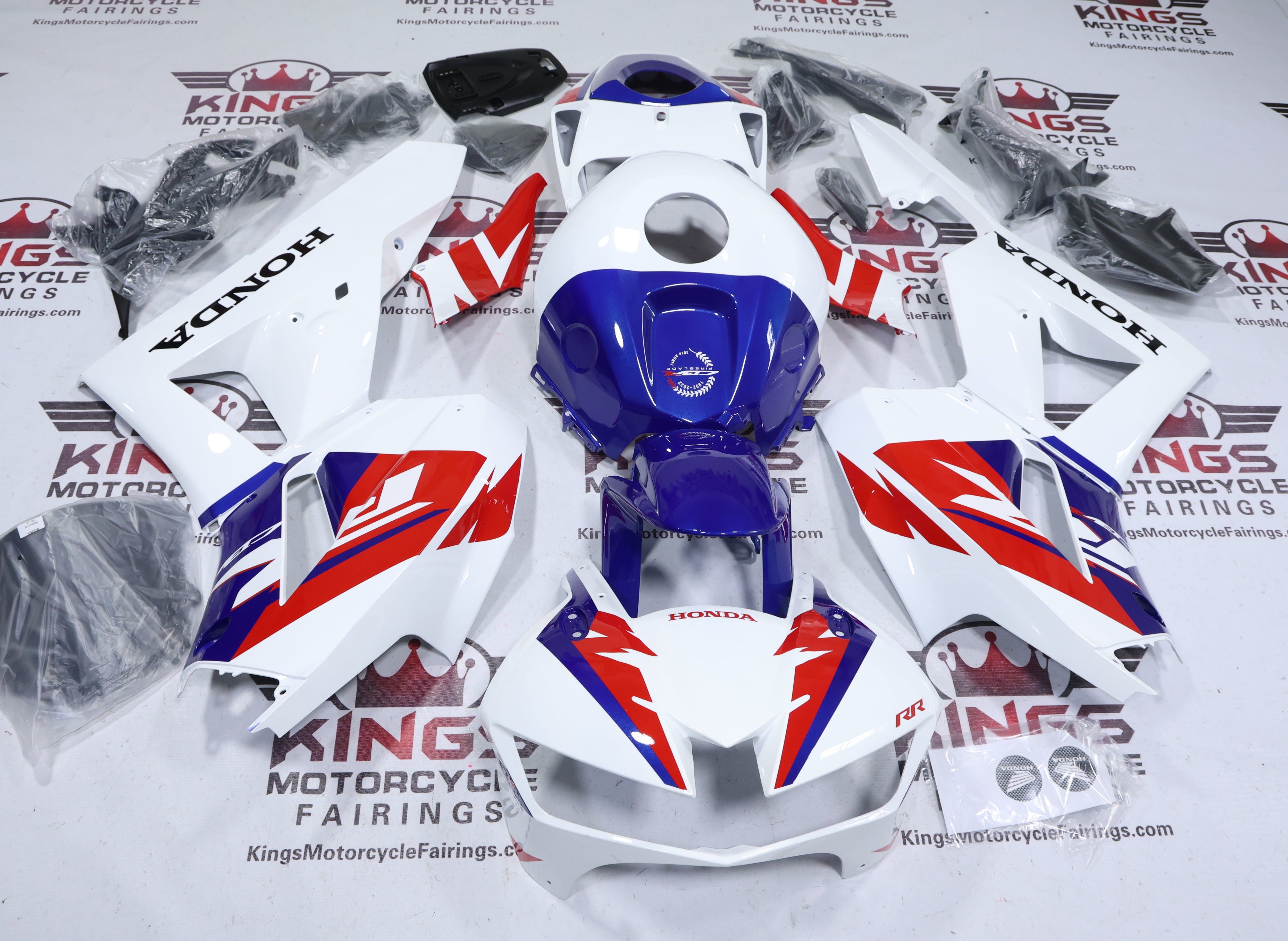 Honda CBR600RR Fairings (2013-2023) HRC White, Red, Blue from KingsMotorcycleFairings.com