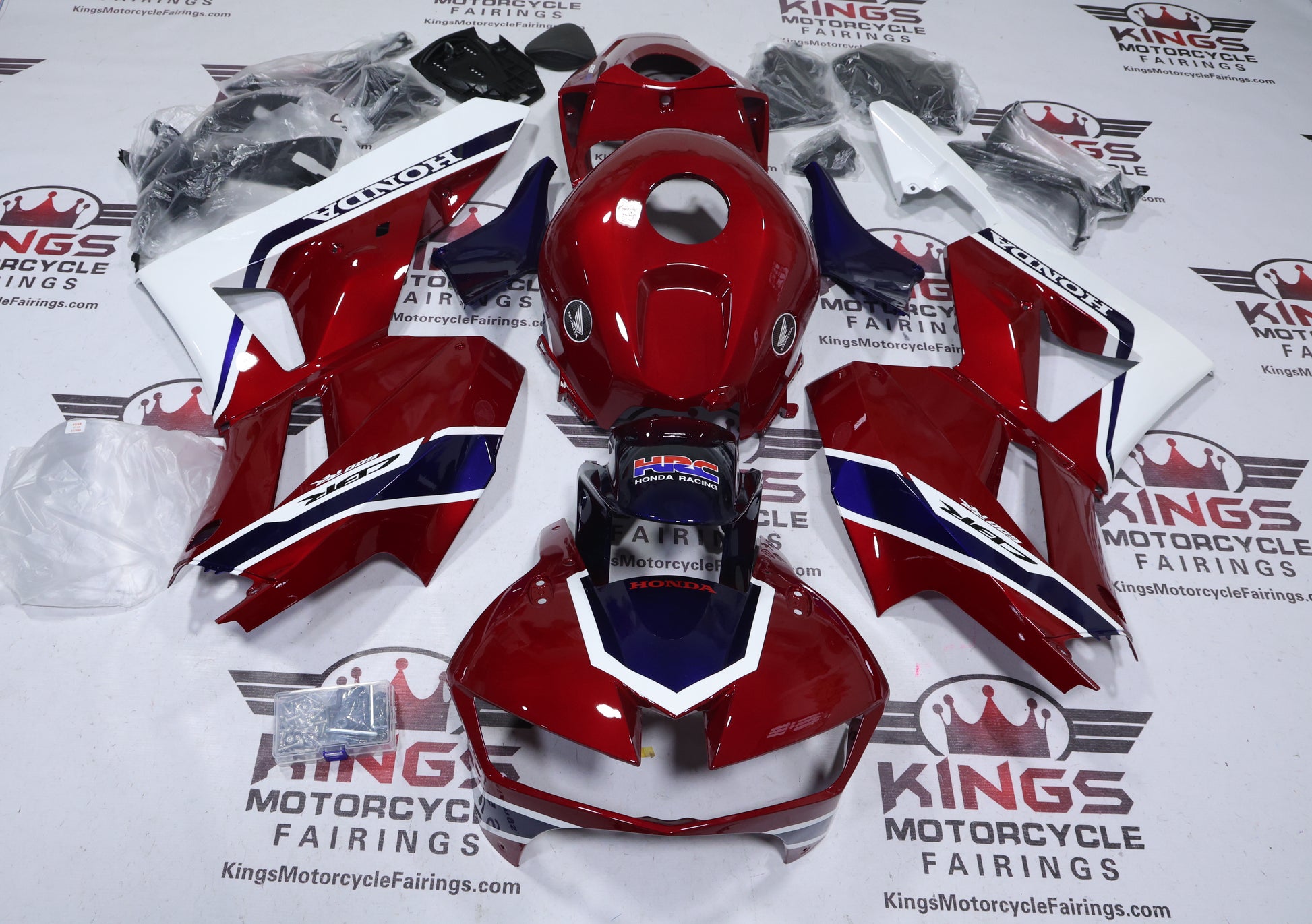 Honda CBR600RR Fairings (2024-2025) Candy Red, Dark Blue, White from KingsMotorcycleFairings.com