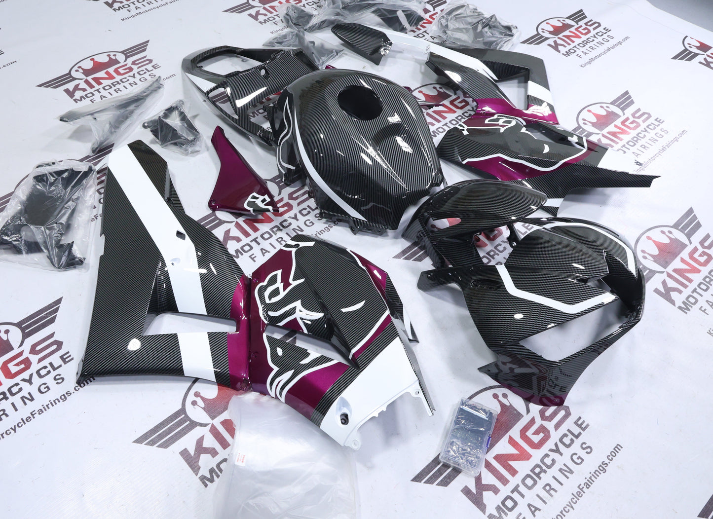Honda CBR600RR Fairings (2024-2025) Faux Carbon Fiber, Fuchsia Purple, Bull at KingsMotorcycleFairings.com