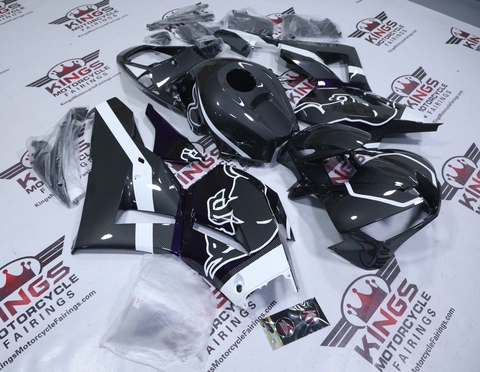 Honda CBR600RR Fairings (2024-2025) Faux Carbon Fiber, White, Purple, Bull from KingsMotorcycleFairings.com