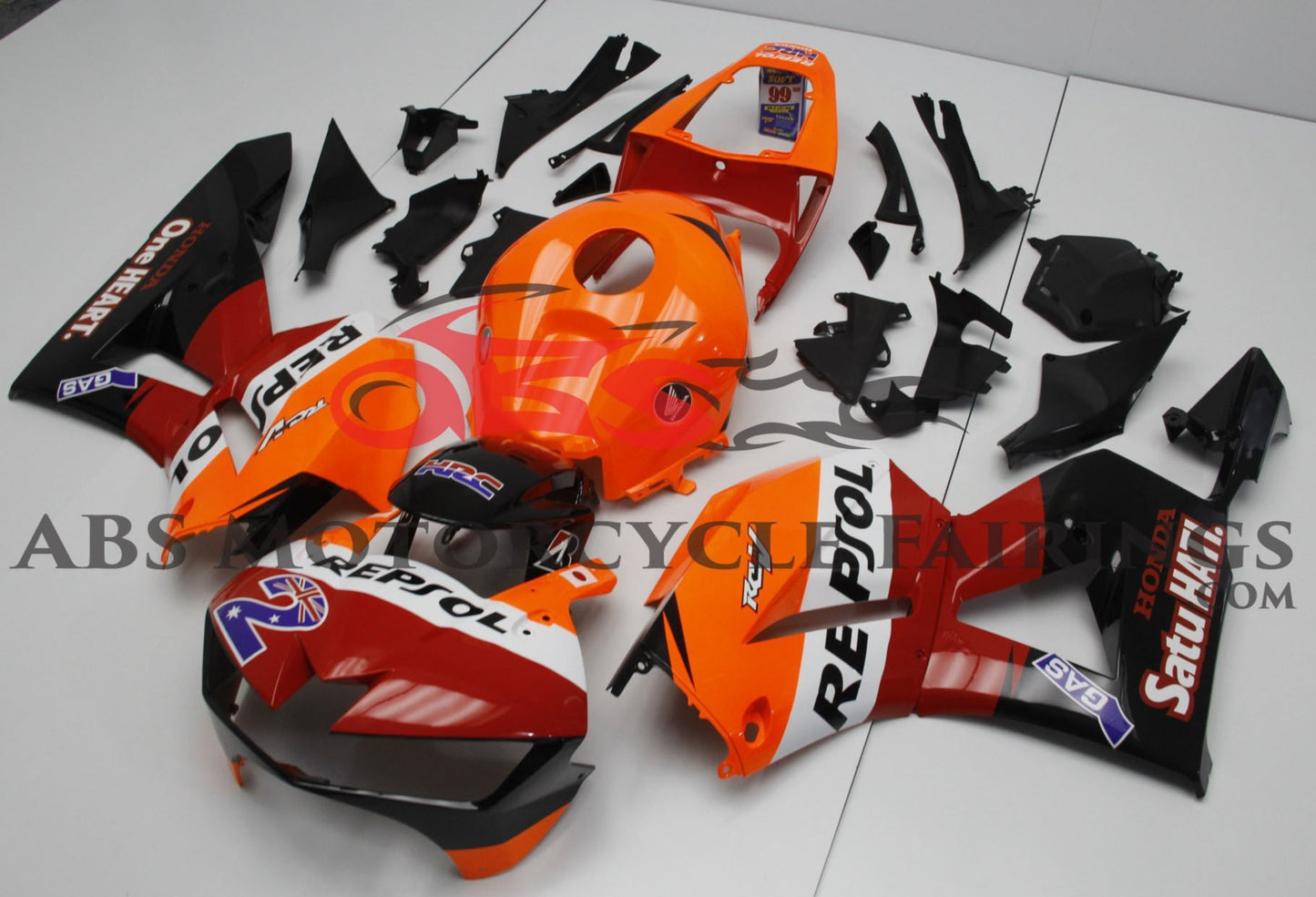 Honda CBR600RR Fairings (2024-2025) Red, Orange, White, Black Repsol Satu HATI at KingsMotorcycleFairings.com