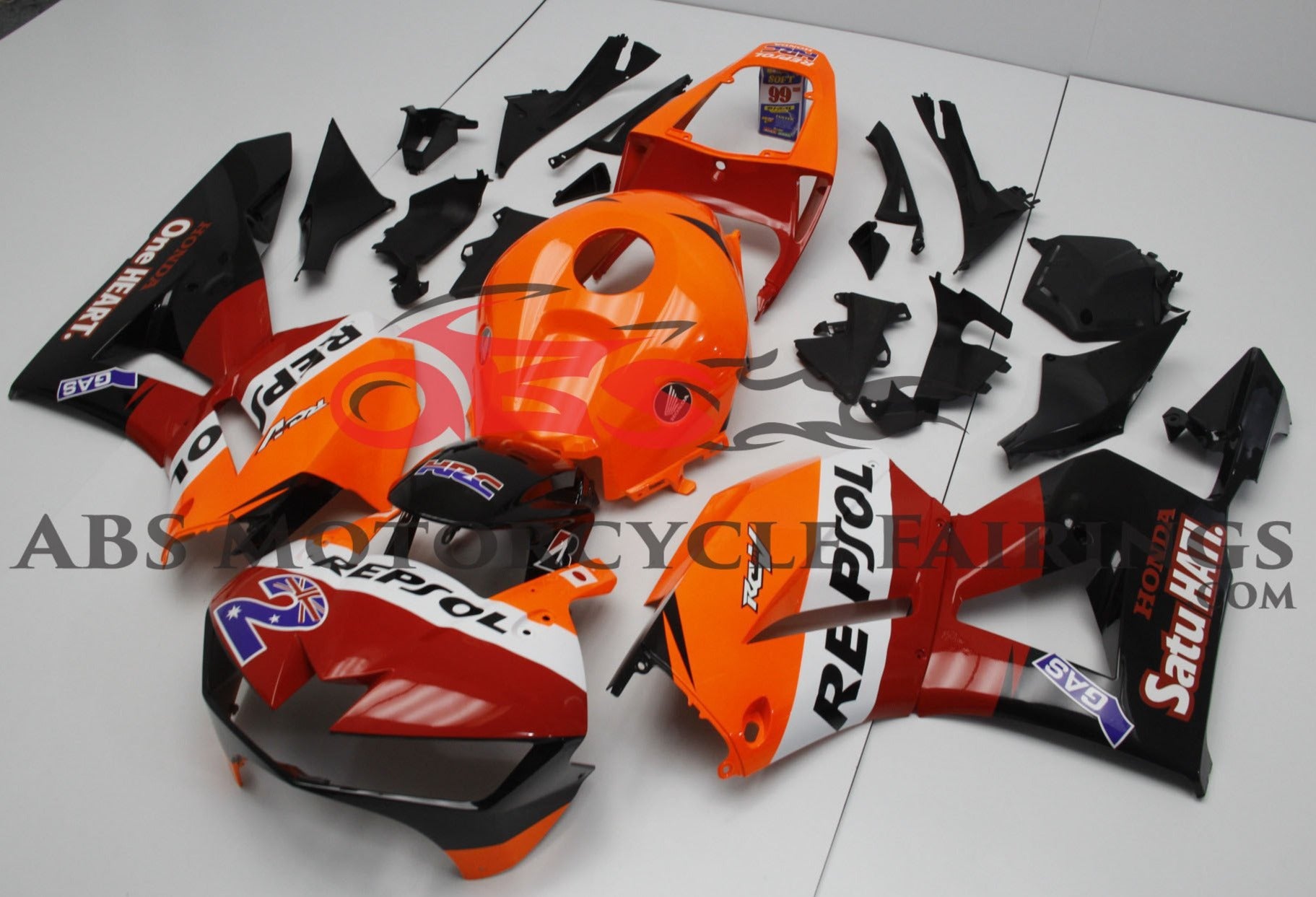 Honda CBR600RR Fairings (2024-2025) Red, Orange, White, Black Repsol Satu HATI at KingsMotorcycleFairings.com