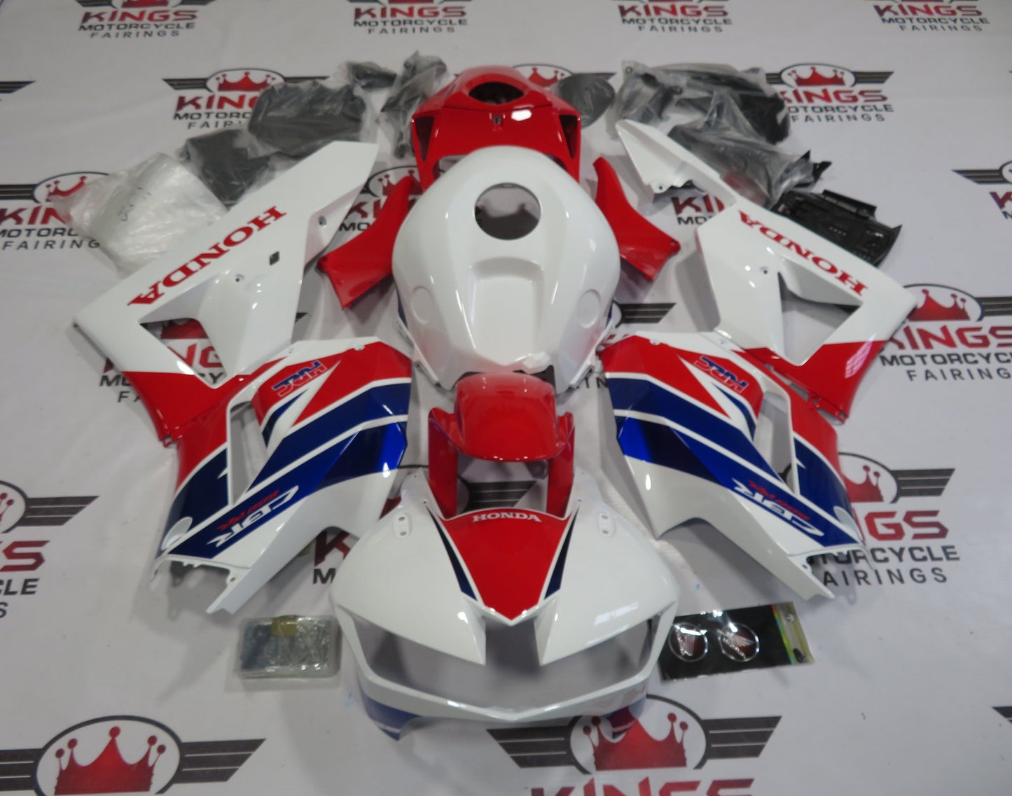 Honda CBR600RR Fairings (2024-2025) White, Blue Stripe, Red HRC at KingsMotorcycleFairings.com