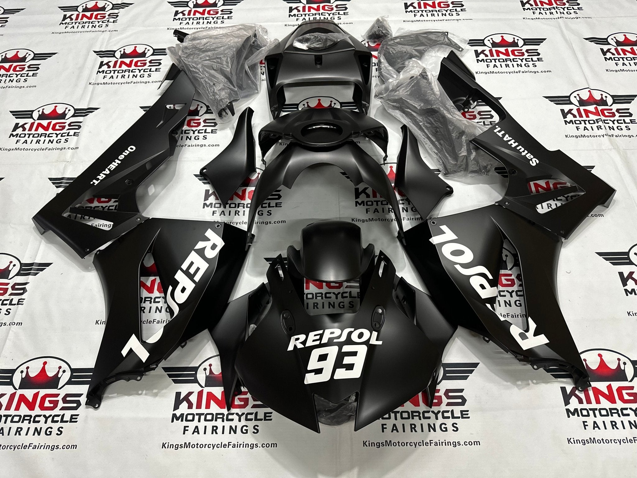 Honda CBR600RR Fairings (2026) Flat Black, White Repsol at KingsMotorcycleFairings.com