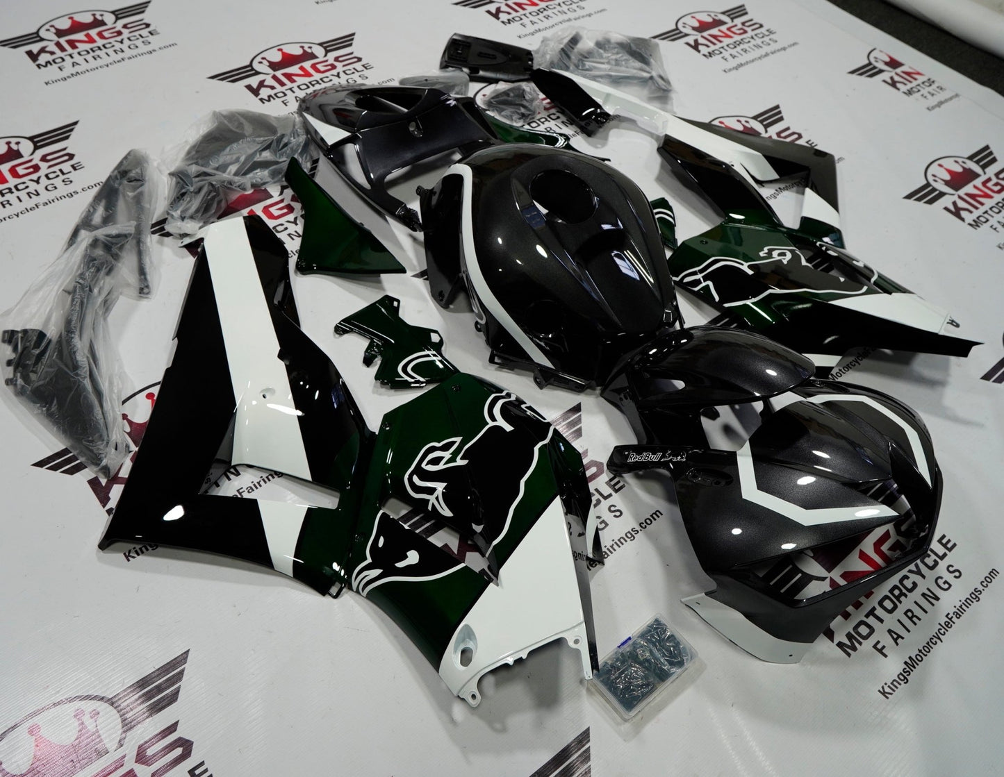 Honda CBR600RR Fairing Kit (2013-2023) Dark Gray, Green, Black, White Bull at KingsMotorcycleFairings.com
