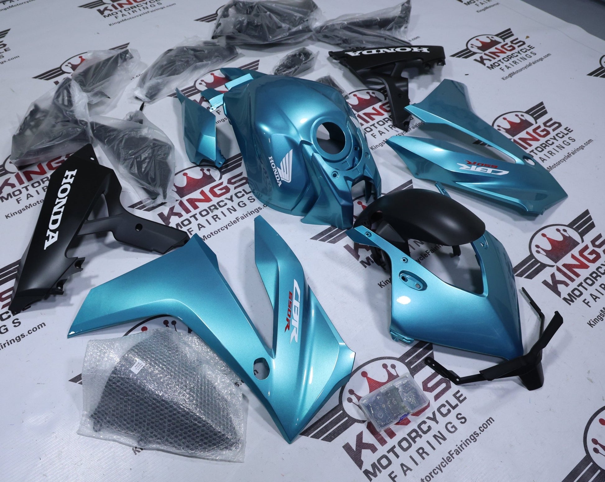 Honda CBR650R Fairings (2024-2025) Turquoise Blue, Matte Black from KingsMotorcycleFairings.com