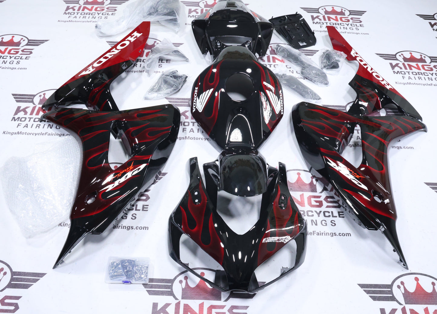 Honda CBR1000RR Fairing Kit (2006-2007) Black, Red Fire Flames at KingsMotorcycleFairings.com