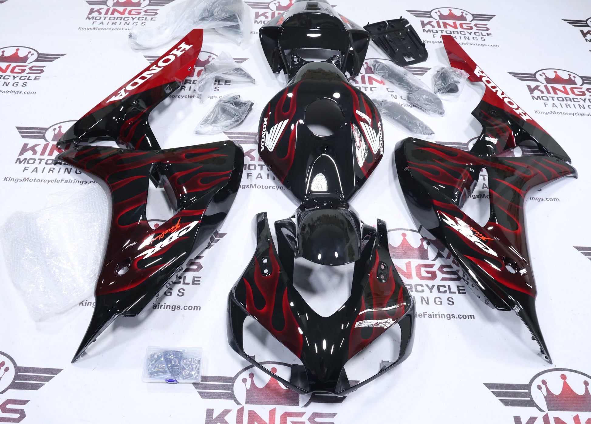 Honda CBR1000RR Fairing Kit (2006-2007) Black, Red Fire Flames at KingsMotorcycleFairings.com
