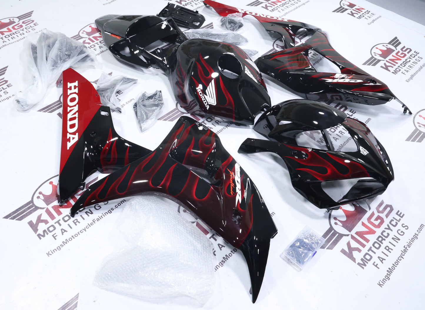 Honda CBR1000RR Fairing Set (2006-2007) Black, Red Fire Flames at KingsMotorcycleFairings.com
