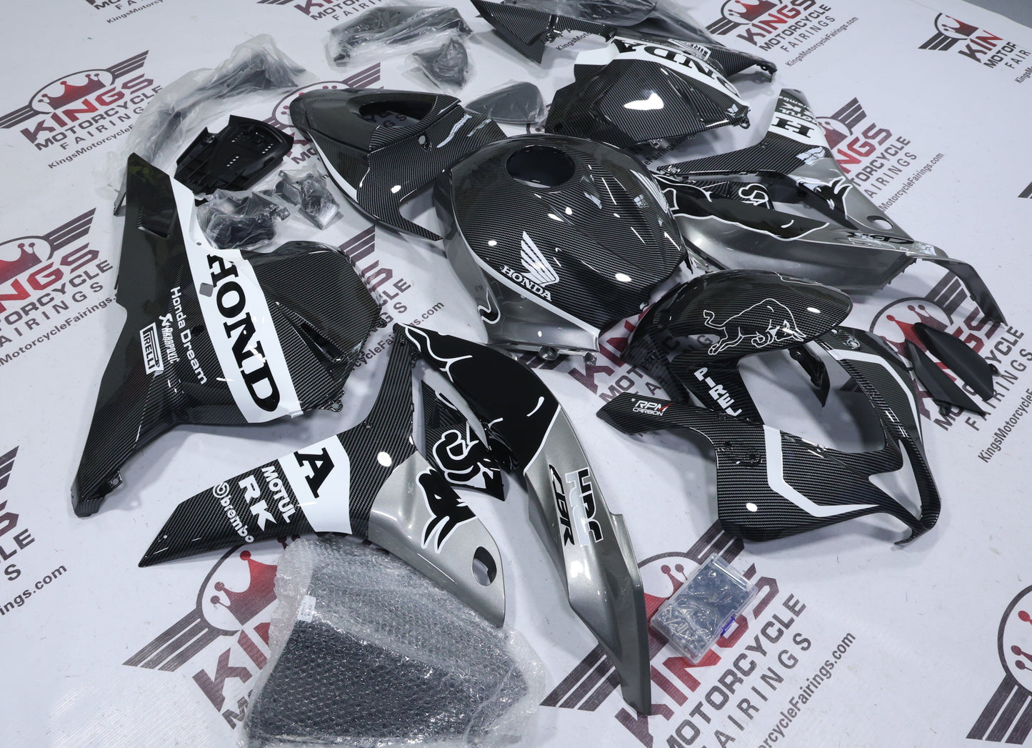 Honda CBR600RR Fairing Kit (2009-2012) Faux Carbon Fiber, Silver, White Bull at KingsMotorcycleFairings.com