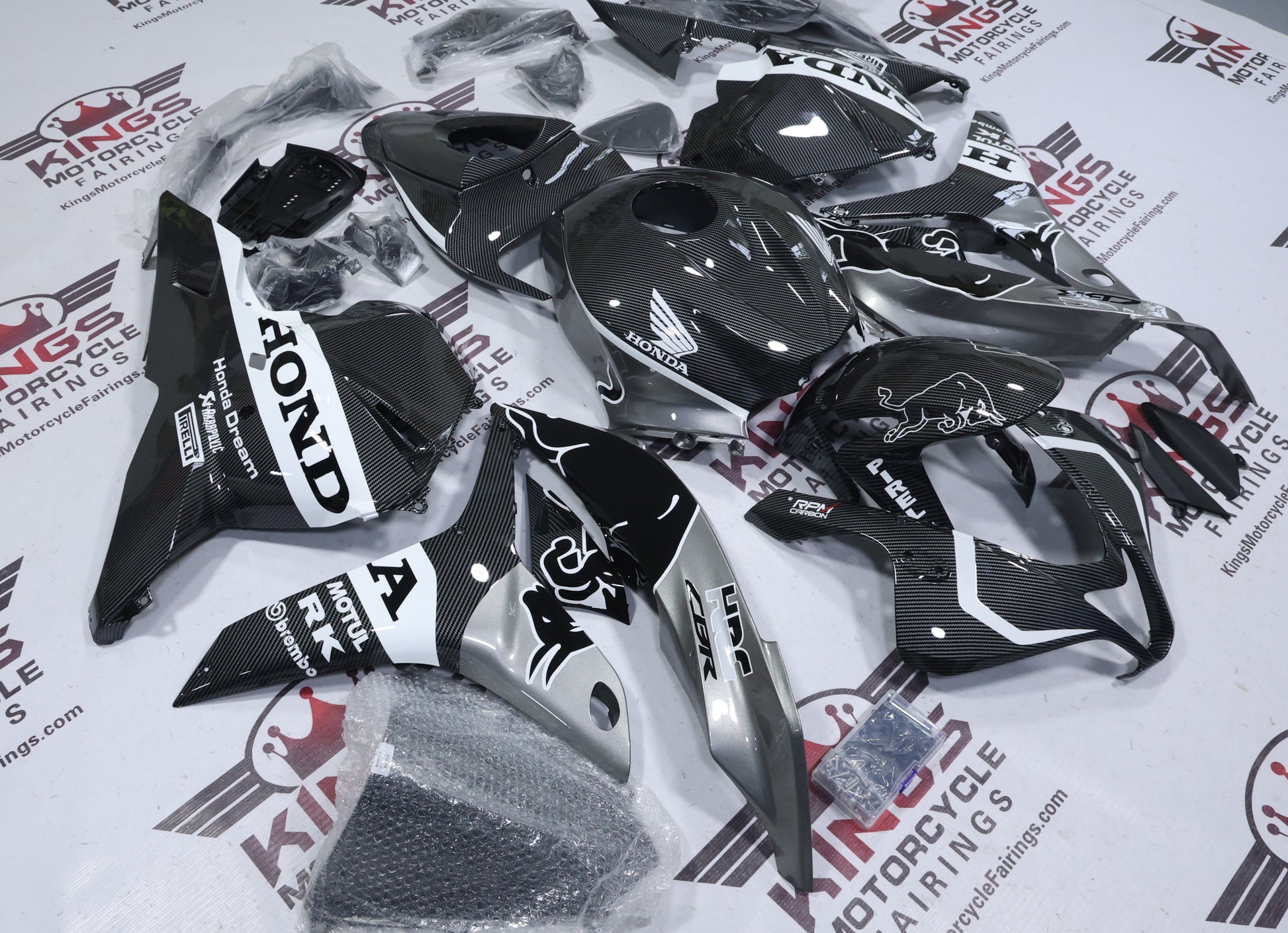 Honda CBR600RR Fairing Kit (2009-2012) Faux Carbon Fiber, Silver, White Bull at KingsMotorcycleFairings.com