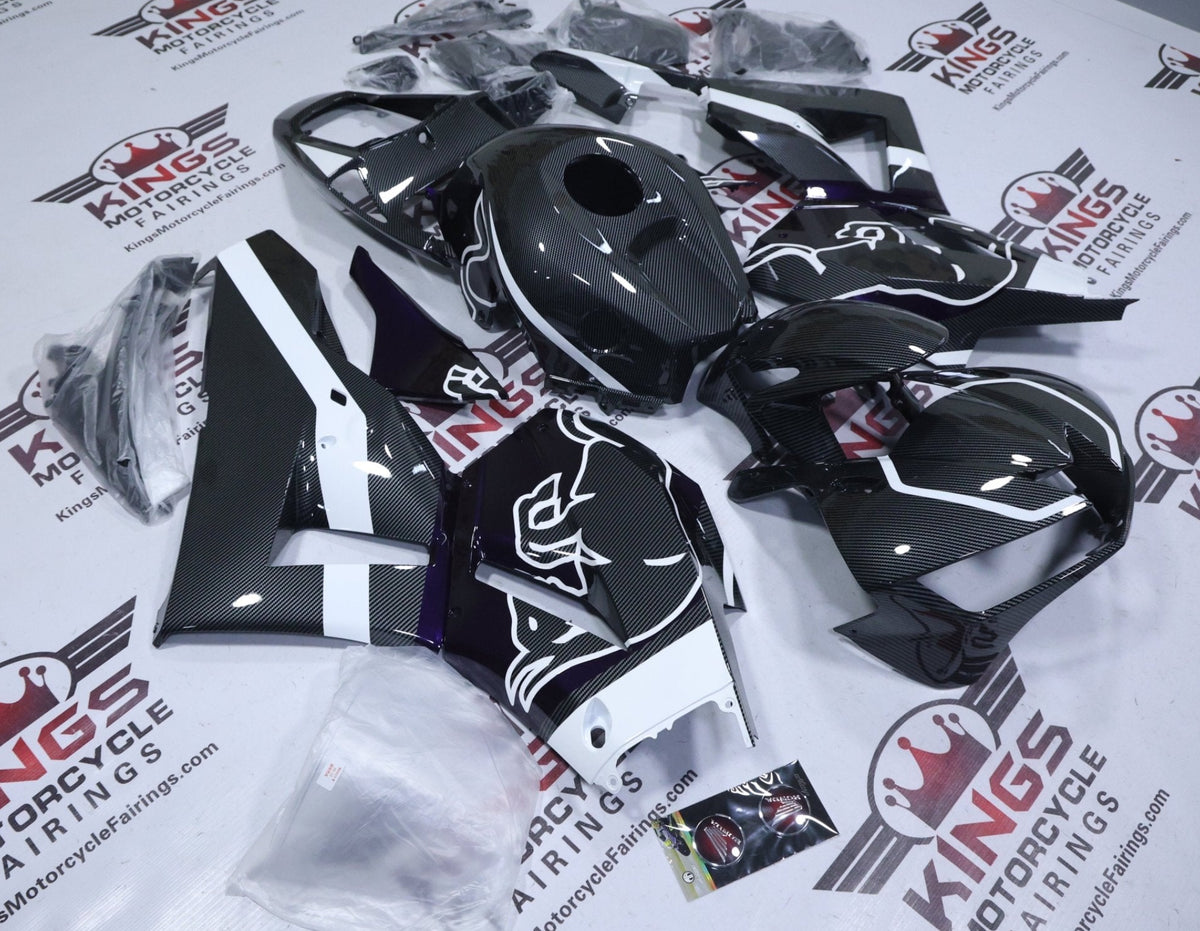 Honda CBR600RR Fairing Kit (2024-2025) Faux Carbon Fiber, White, Purple, Bull at KingsMotorcycleFairings.com