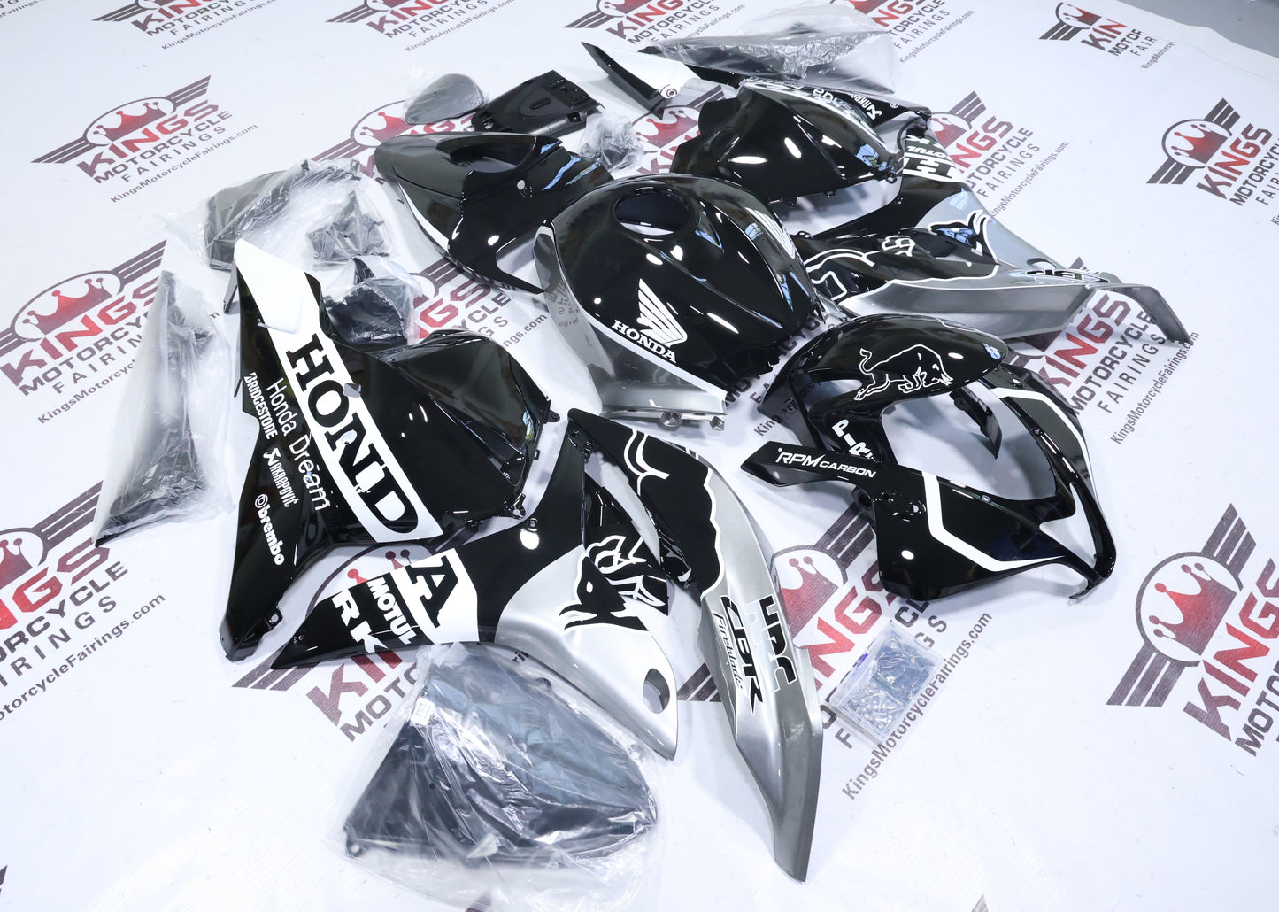 Honda CBR600RR Fairing Set (2009-2012) Black, Silver, White Bull at KingsMotorcycleFairings.com