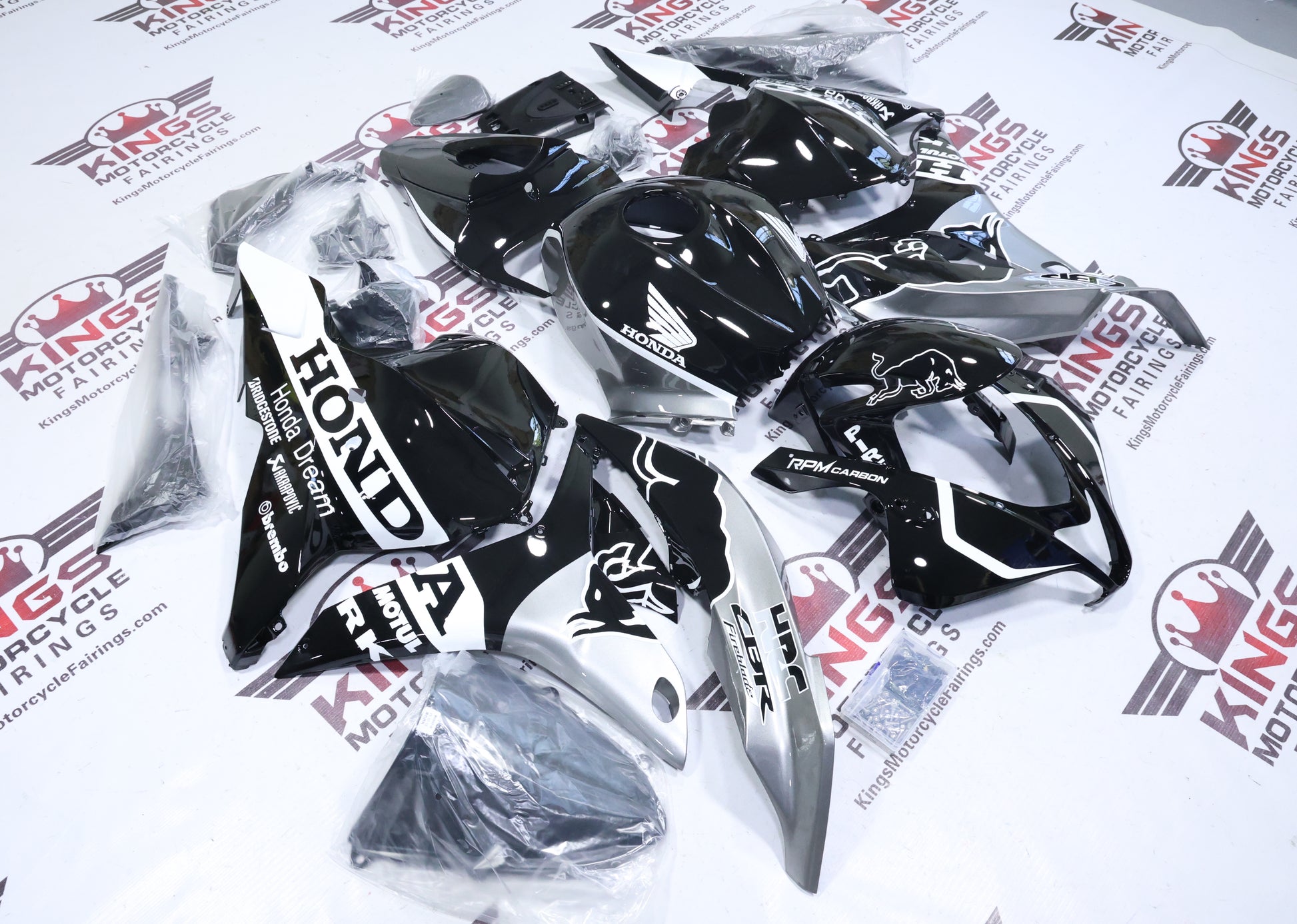 Honda CBR600RR Fairing Set (2009-2012) Black, Silver, White Bull at KingsMotorcycleFairings.com