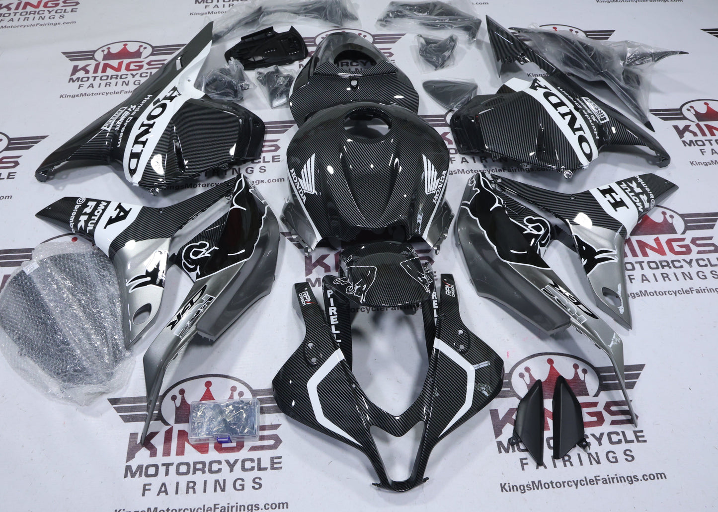 Honda CBR600RR Fairing Set (2009-2012) Faux Carbon Fiber, Silver, White Bull at KingsMotorcycleFairings.com