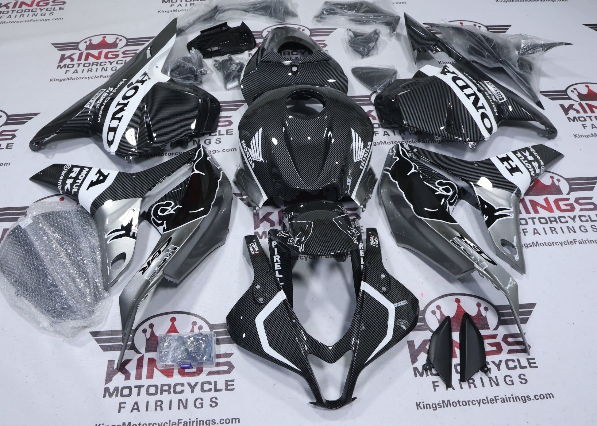 Honda CBR600RR Fairing Set (2009-2012) Faux Carbon Fiber, Silver, White Bull at KingsMotorcycleFairings.com
