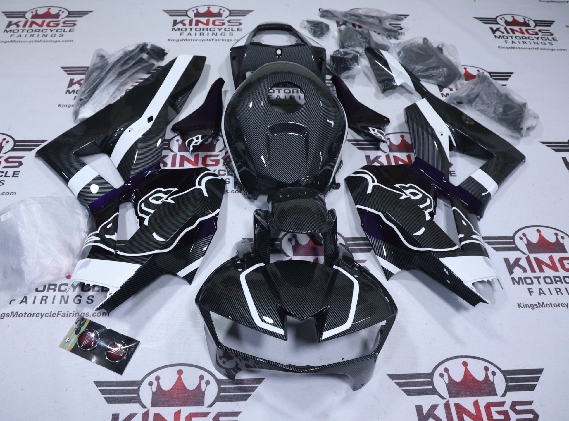 Honda CBR600RR Fairing Sett (2024-2025) Faux Carbon Fiber, White, Purple, Bull at KingsMotorcycleFairings.com