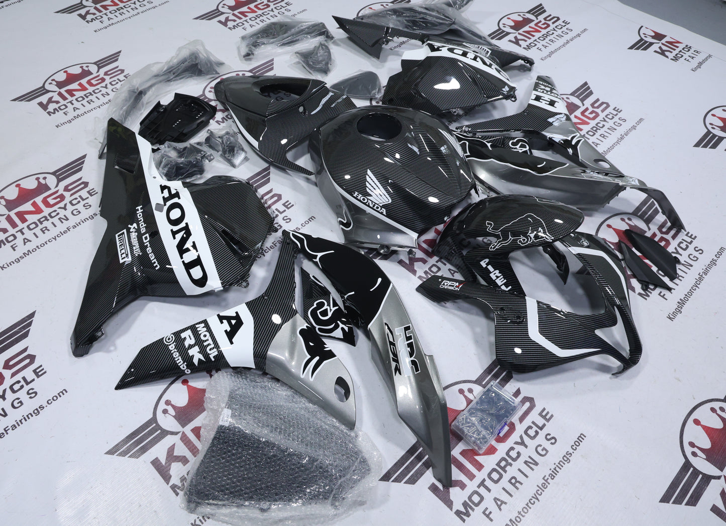 Honda CBR600RR Fairings (2009-2012) Faux Carbon Fiber, Silver, White Bull at KingsMotorcycleFairings.com