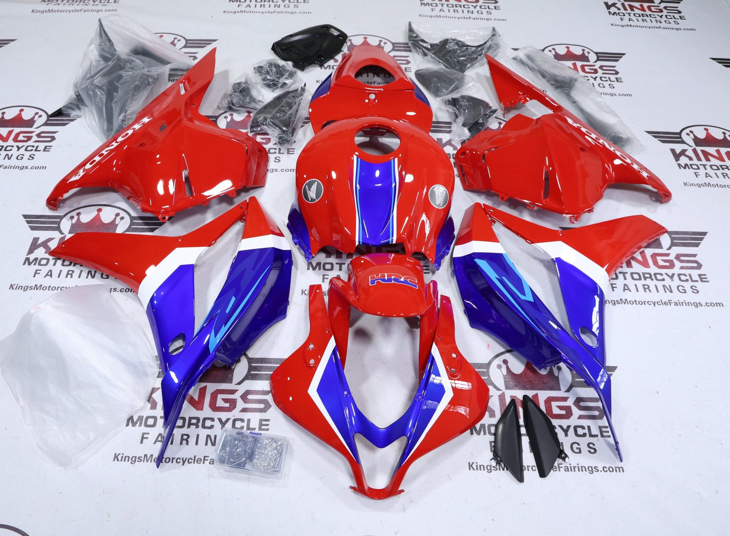Honda CBR600RR Fairings (2009-2012) Red, Blue, White Stripe HRC at KingsMotorcycleFairings.com
