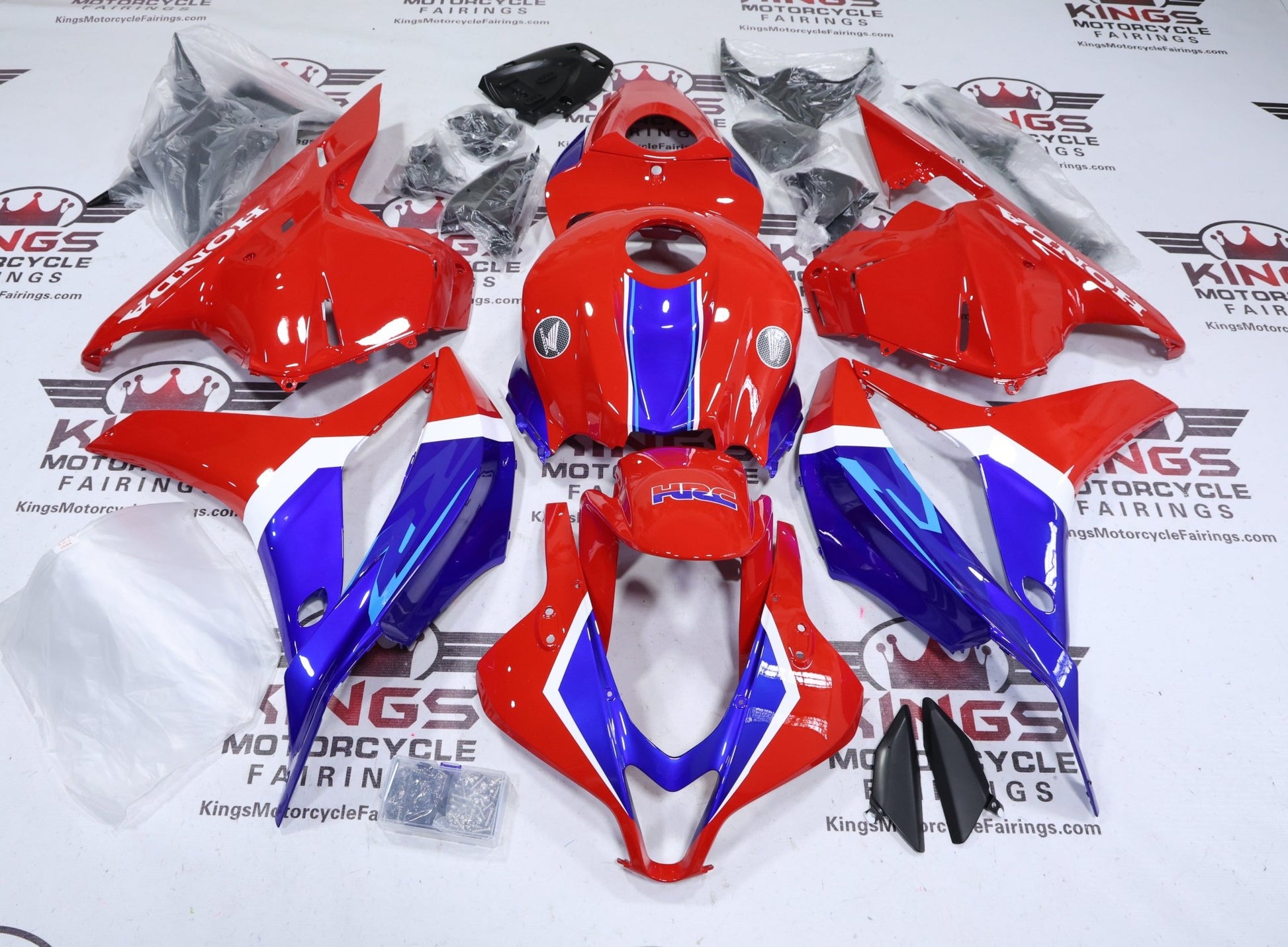 Honda CBR600RR Fairings (2009-2012) Red, Blue, White Stripe HRC at KingsMotorcycleFairings.com