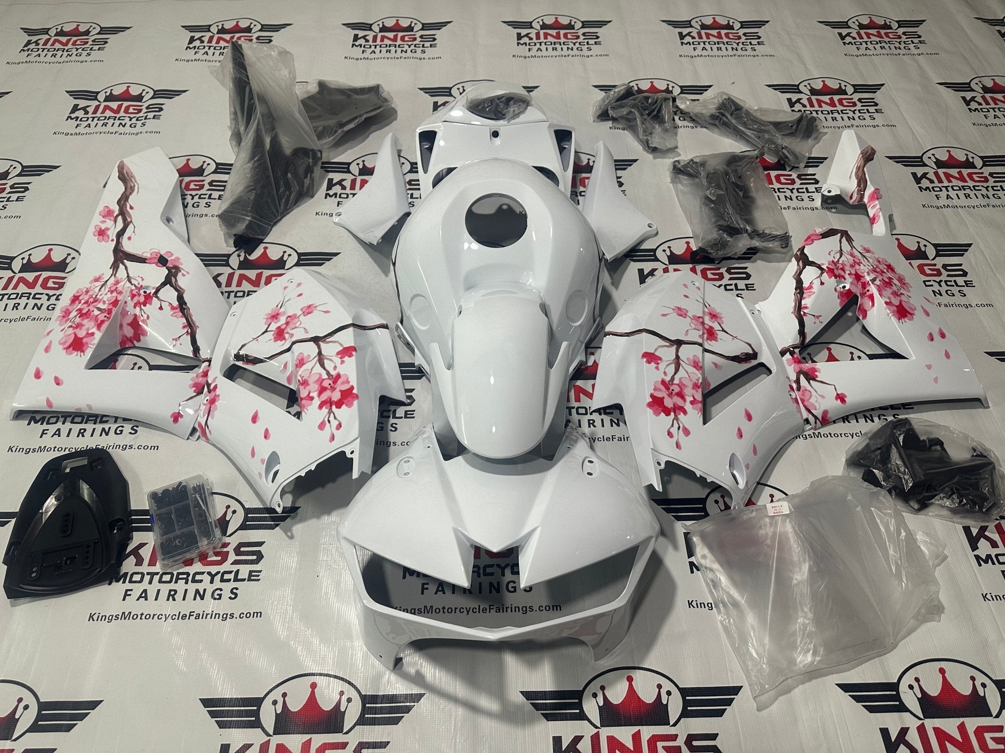 Honda CBR600RR Fairings (2013-2023) White, Pink Blossom Flowers at KingsMotorcycleFairings.com