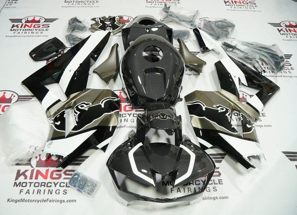 Honda CBR600RR Fairings (2024-2025) Faux Carbon Fiber, Black, Metallic Taupe, White Bull at KingsMotorcycleFairings.com
