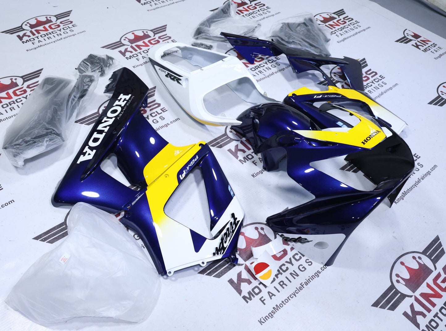 Honda CBR900RR 929 Fairings (2000-2001) Navy Blue, White, Yellow from KingsMotorcycleFairings.com