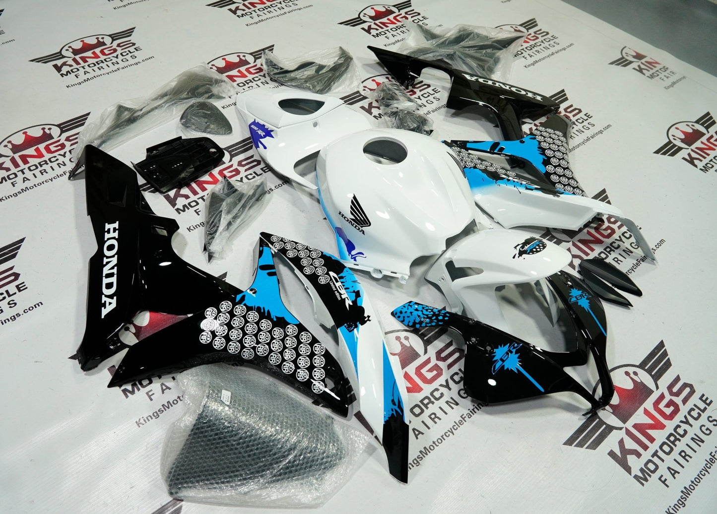 Honda CBR 600RR (2007-2008) White, Black, Blue Splash Fairings at KingsMotorcycleFairings.com