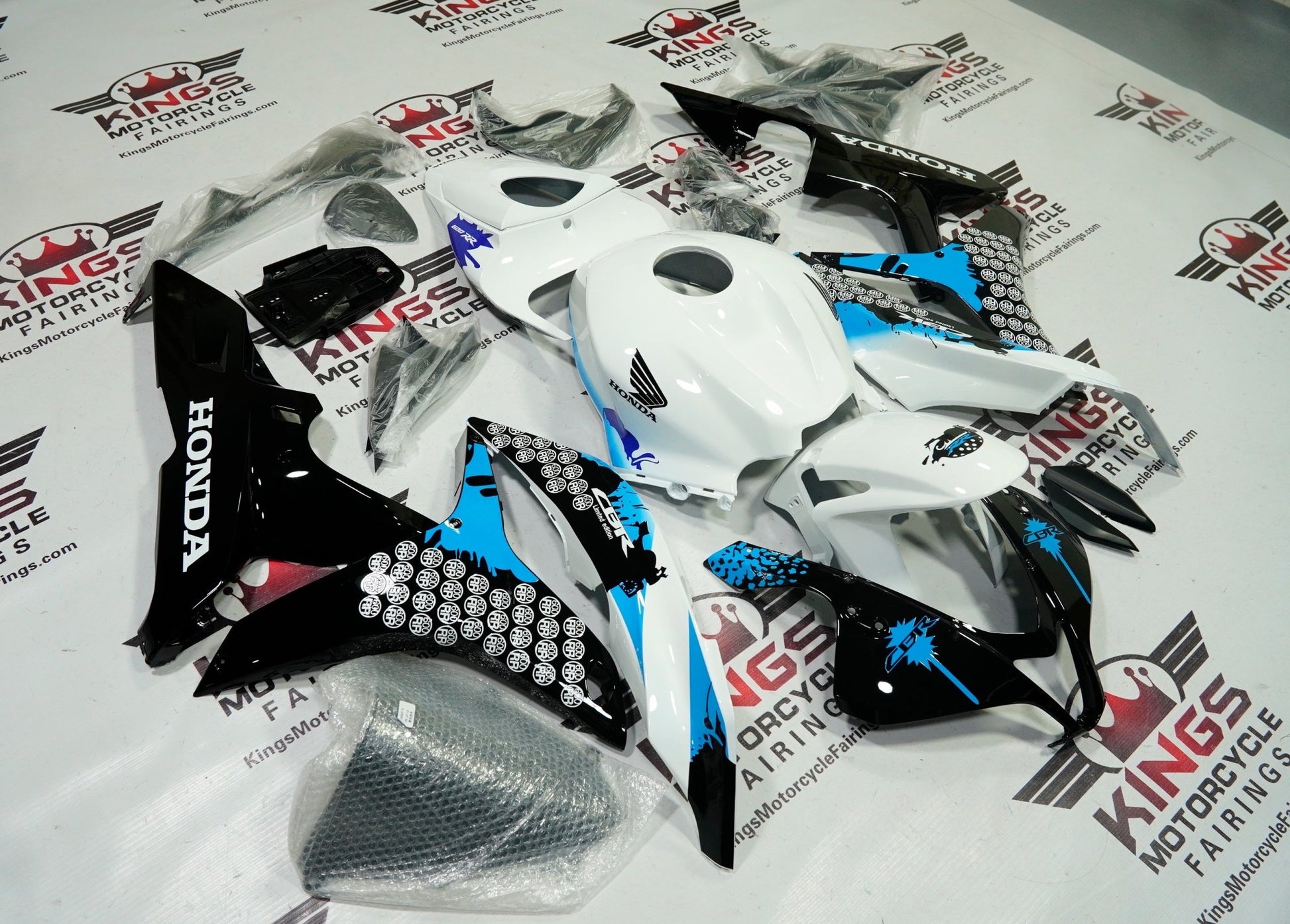 Honda CBR 600RR (2007-2008) White, Black, Blue Splash Fairings at KingsMotorcycleFairings.com