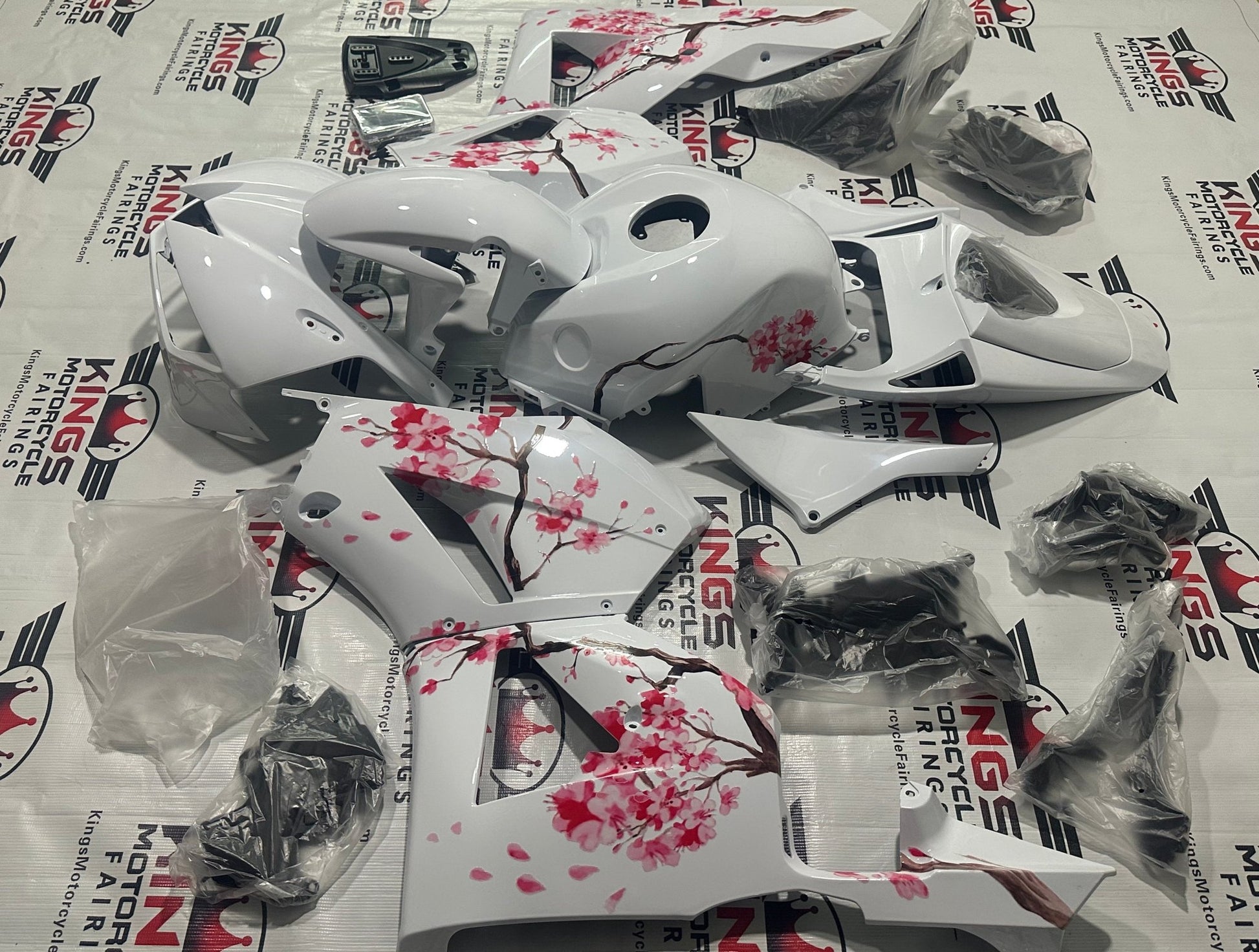 Honda CBR 600RR Fairing set (2013-2023) White, Pink Blossom at KingsMotorcycleFairings.com