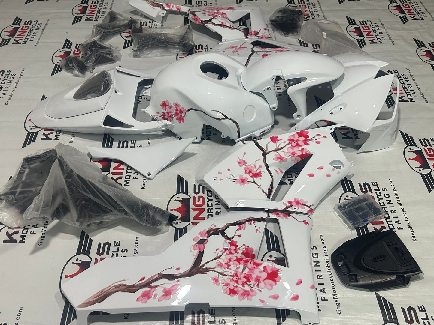 Honda CBR 600RR Fairings (2013-2023) White, Pink Blossom at KingsMotorcycleFairings.com