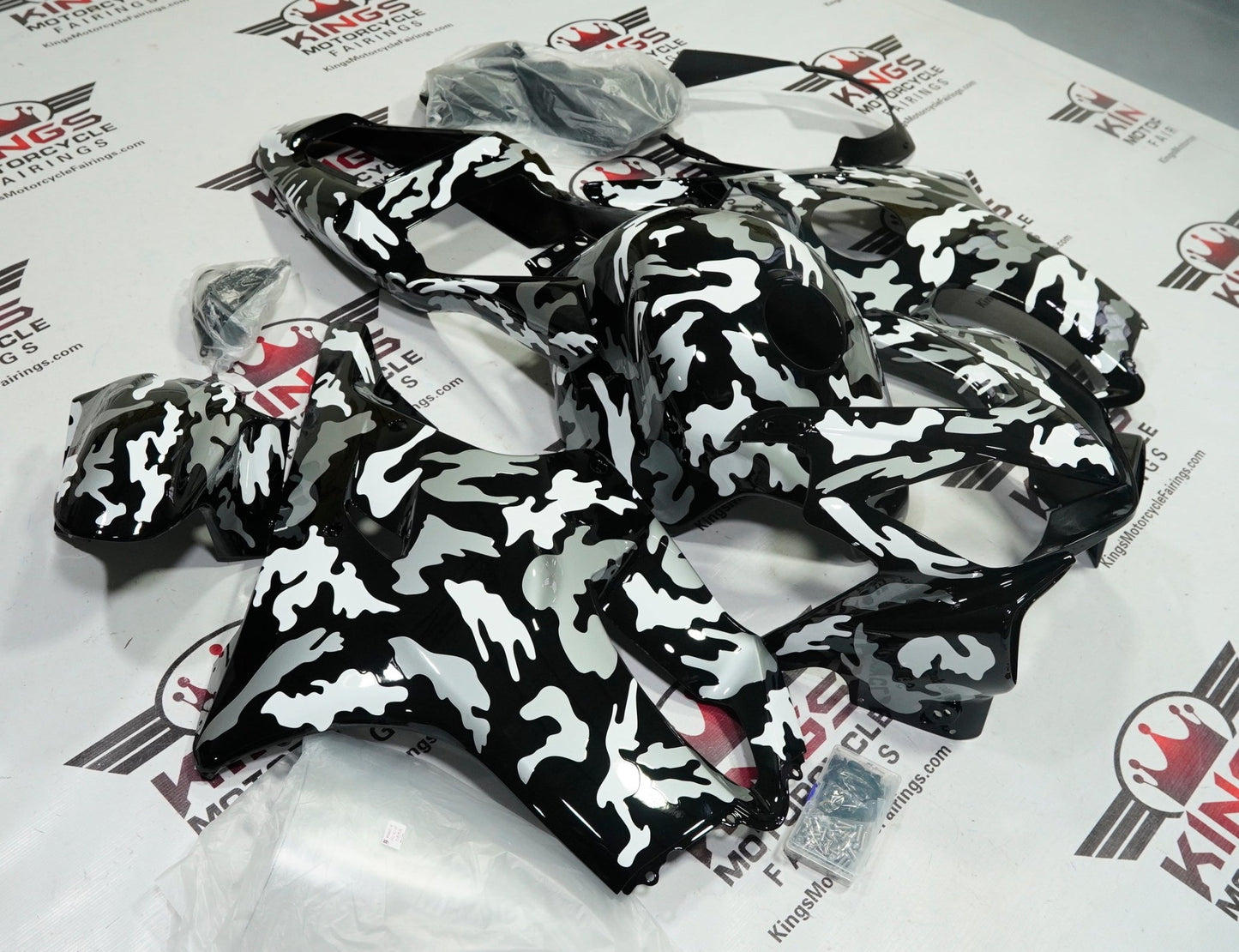 Honda CBR 600 F4i Fairings (2001-2003) Black, White, Gray Camouflage at KingsMotorcycleFairings.com