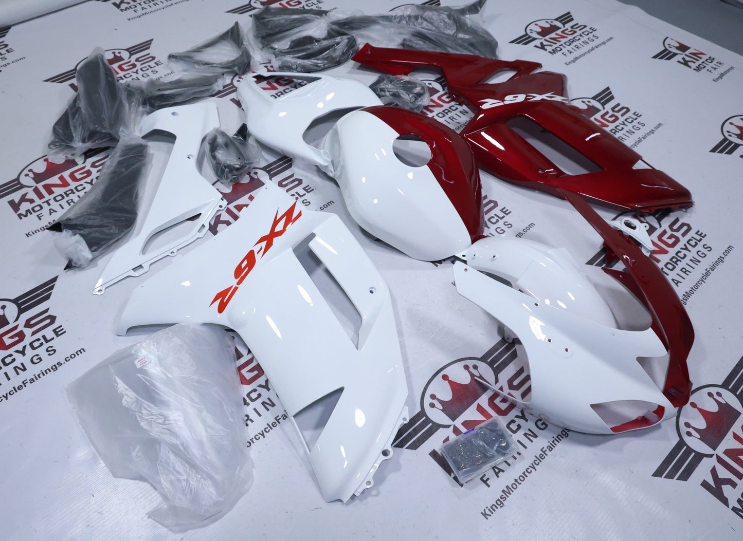 KAWASAKI ZX6R Fairings (2007-2008) White, Red Split at KingsMotorcycleFairings.com