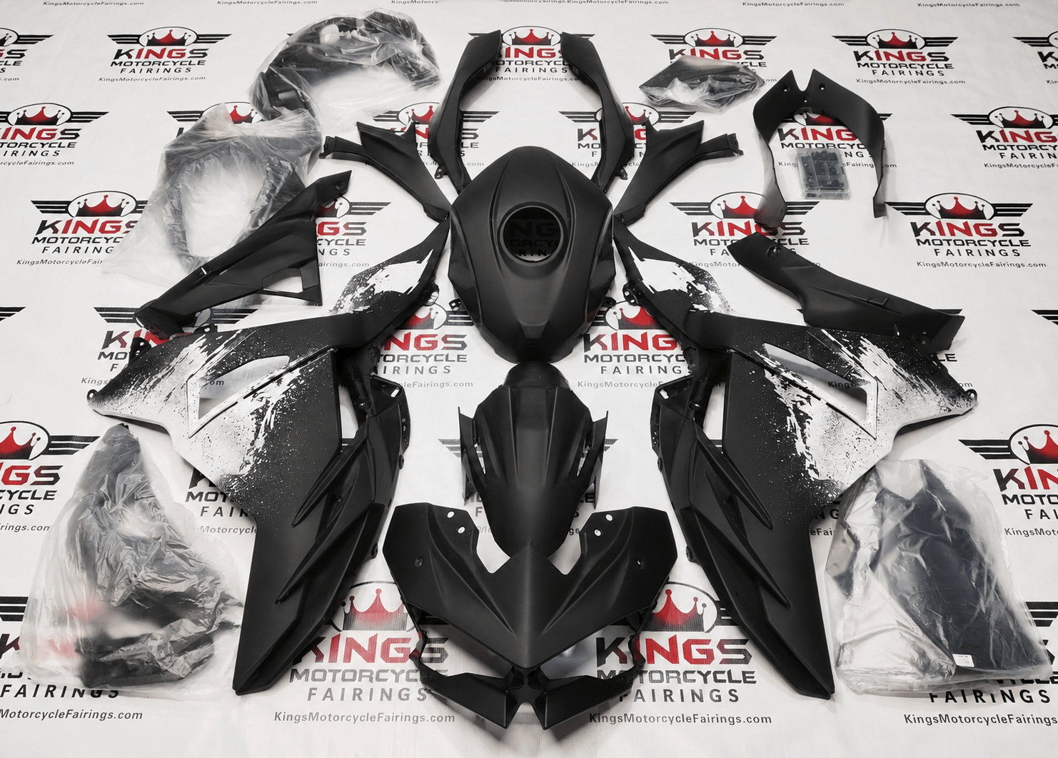 KawasakiI Ninja 500 Fairing Kit (2024-2025) Matte Black, White Spray from KingsMotorcycleFairings.com
