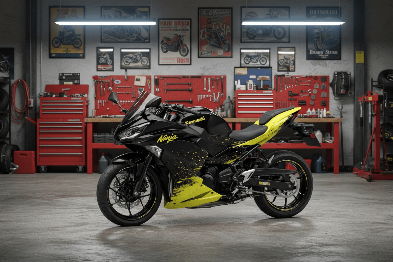 KawasakiI Ninja 500 Fairings (2024-2025) Matte Black, Yellow Spray from KingsMotorcycleFairings.com