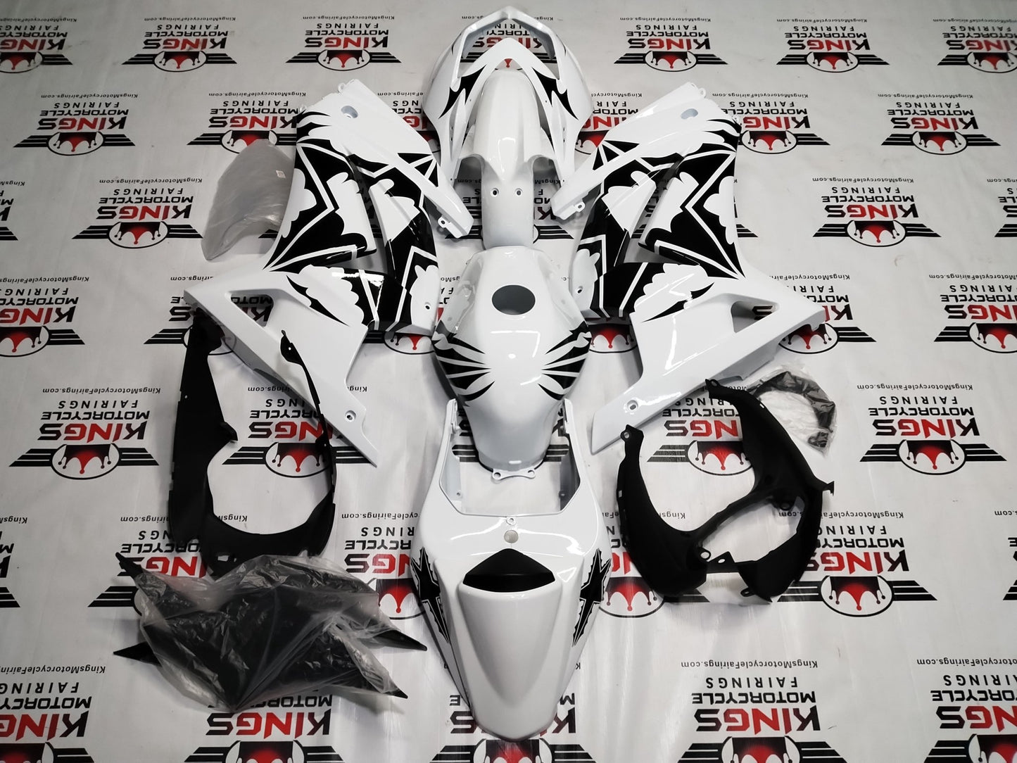 Kawasaki Ninja 250R Fairing Kit (2008-2013) White, Black, Stars at KingsMotorcycleFairings.com