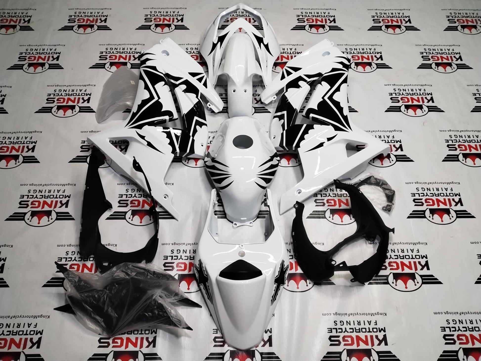 Kawasaki Ninja 250R Fairing Kit (2008-2013) White, Black, Tribal Stars at KingsMotorcycleFairings.com