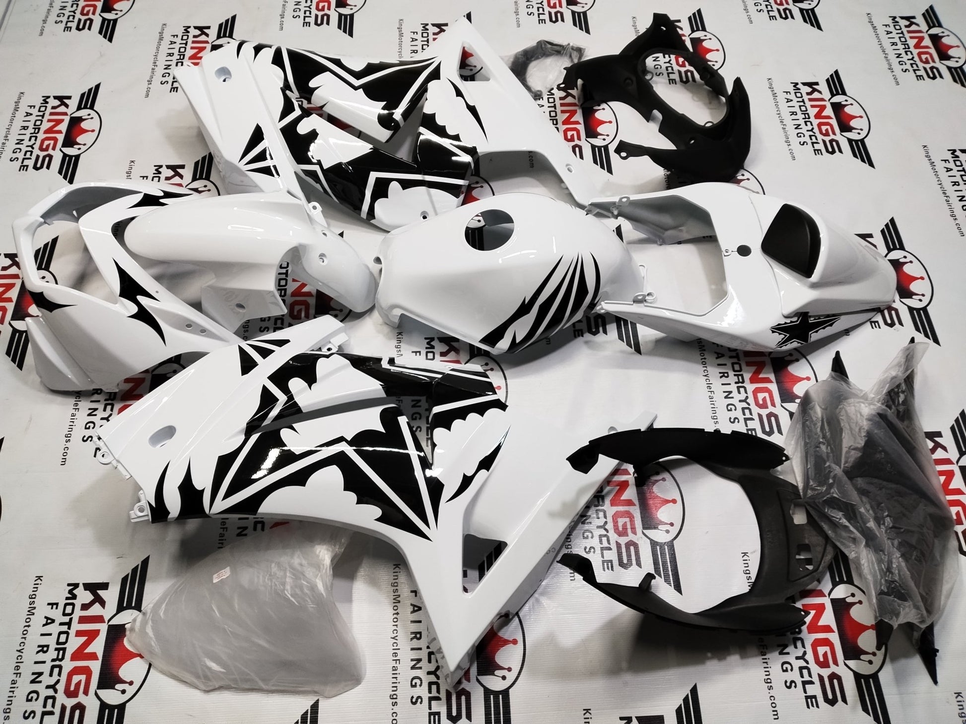Kawasaki Ninja 250R Fairing Set (2008-2013) White, Black, Tribal Stars at KingsMotorcycleFairings.com