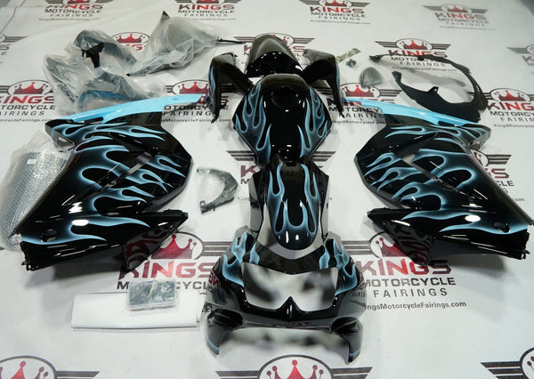 Kawasaki Ninja 250R Fairings (2008-2013) Black, Light Blue Flames at KingsMotorcycleFairings.com