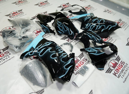 Kawasaki Ninja 250R Fairings (2008-2013) Black, Light Blue Flames by KingsMotorcycleFairings.com