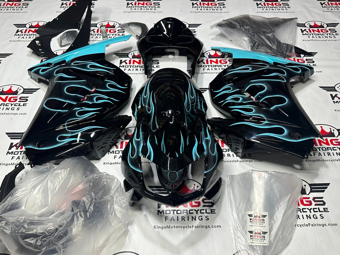 Kawasaki Ninja 250R Fairings (2008-2013) Black, Sky Blue Flames from KingsMotorcycleFairings.com