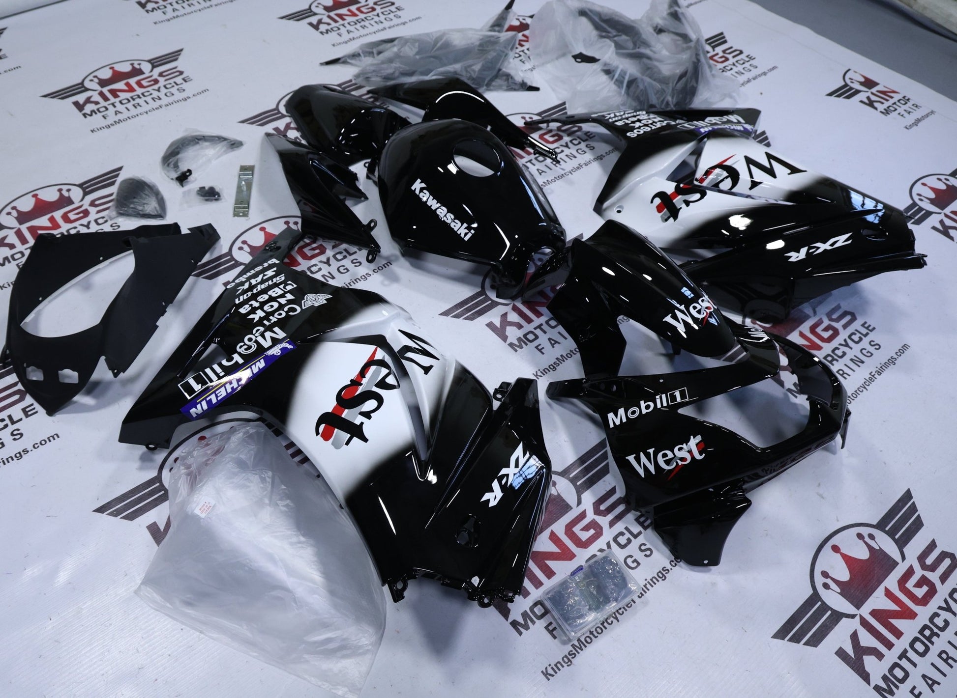 Kawasaki Ninja 250R Fairings (2008-2013) Black, White, Mobil1 West at KingsMotorcycleFairings.com