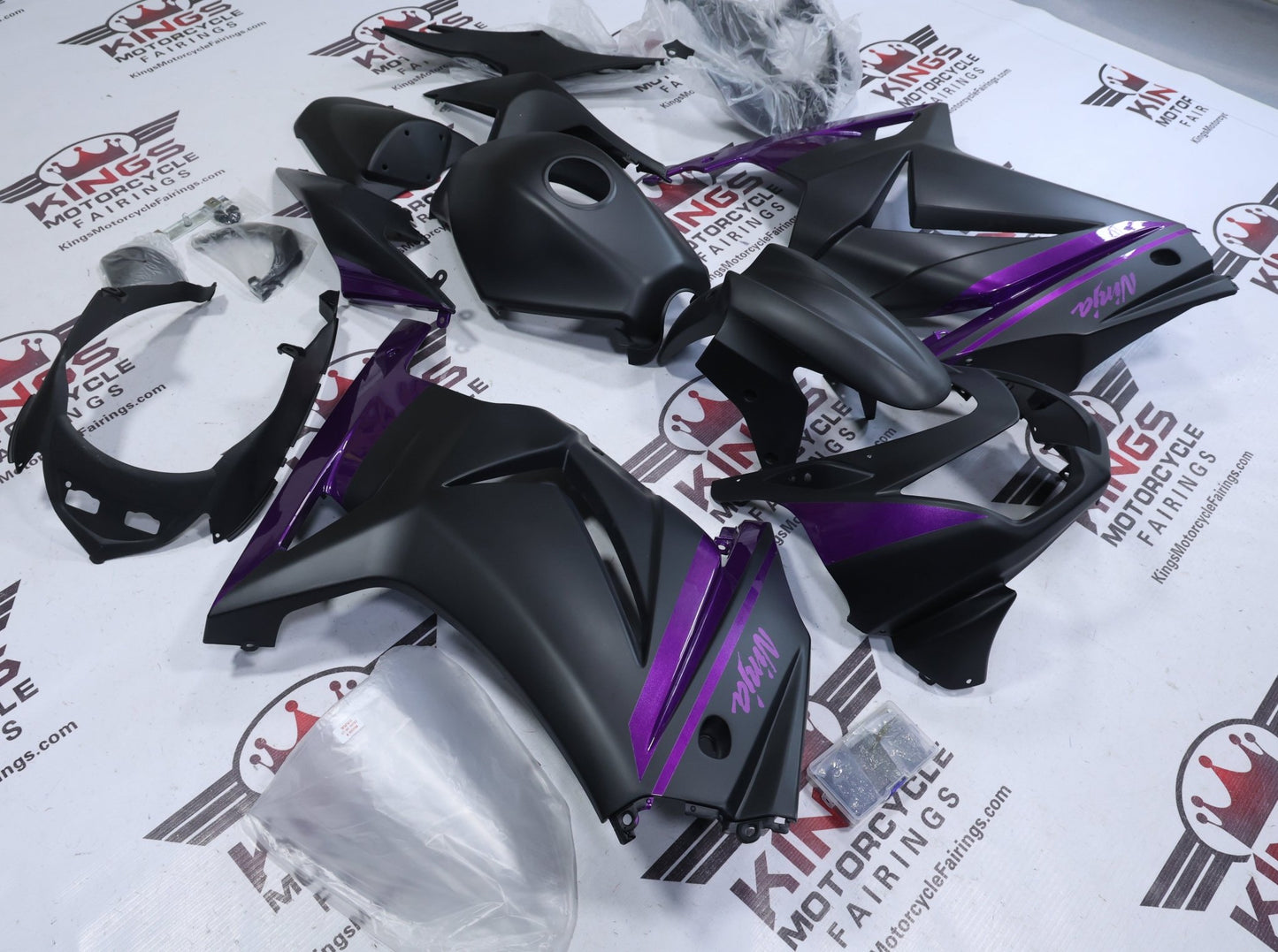Kawasaki Ninja 250R Fairings (2008-2013) Matte Black, Purple Stripe at KingsMotorcycleFairings.com