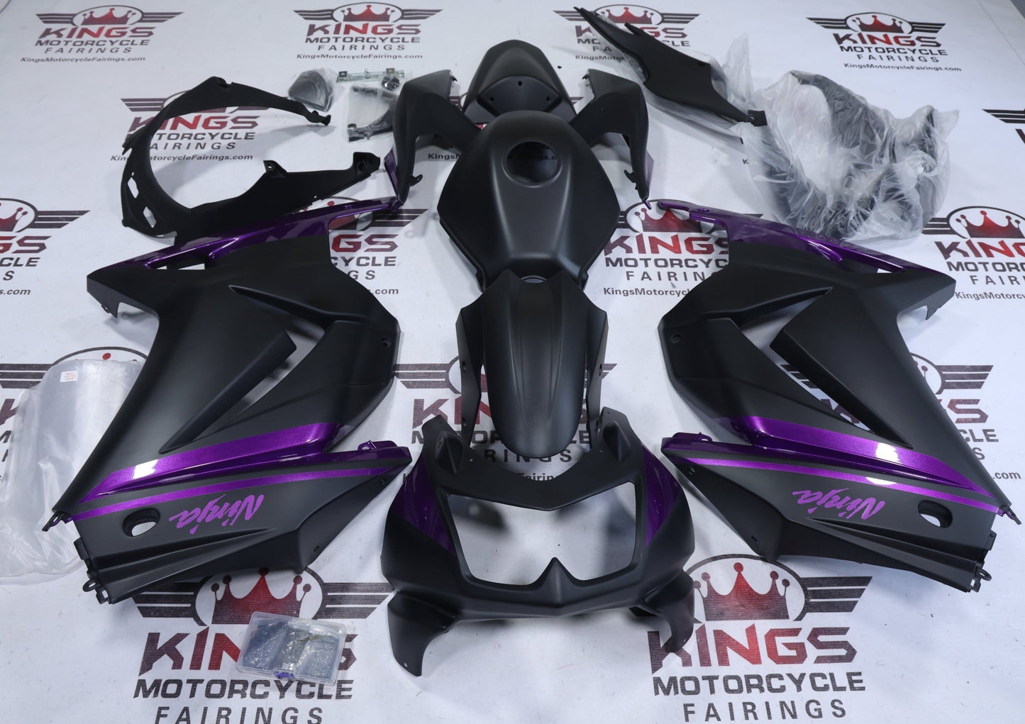 Kawasaki Ninja 250R Fairings (2008-2013) Matte Black, Purple Stripe from KingsMotorcycleFairings.com