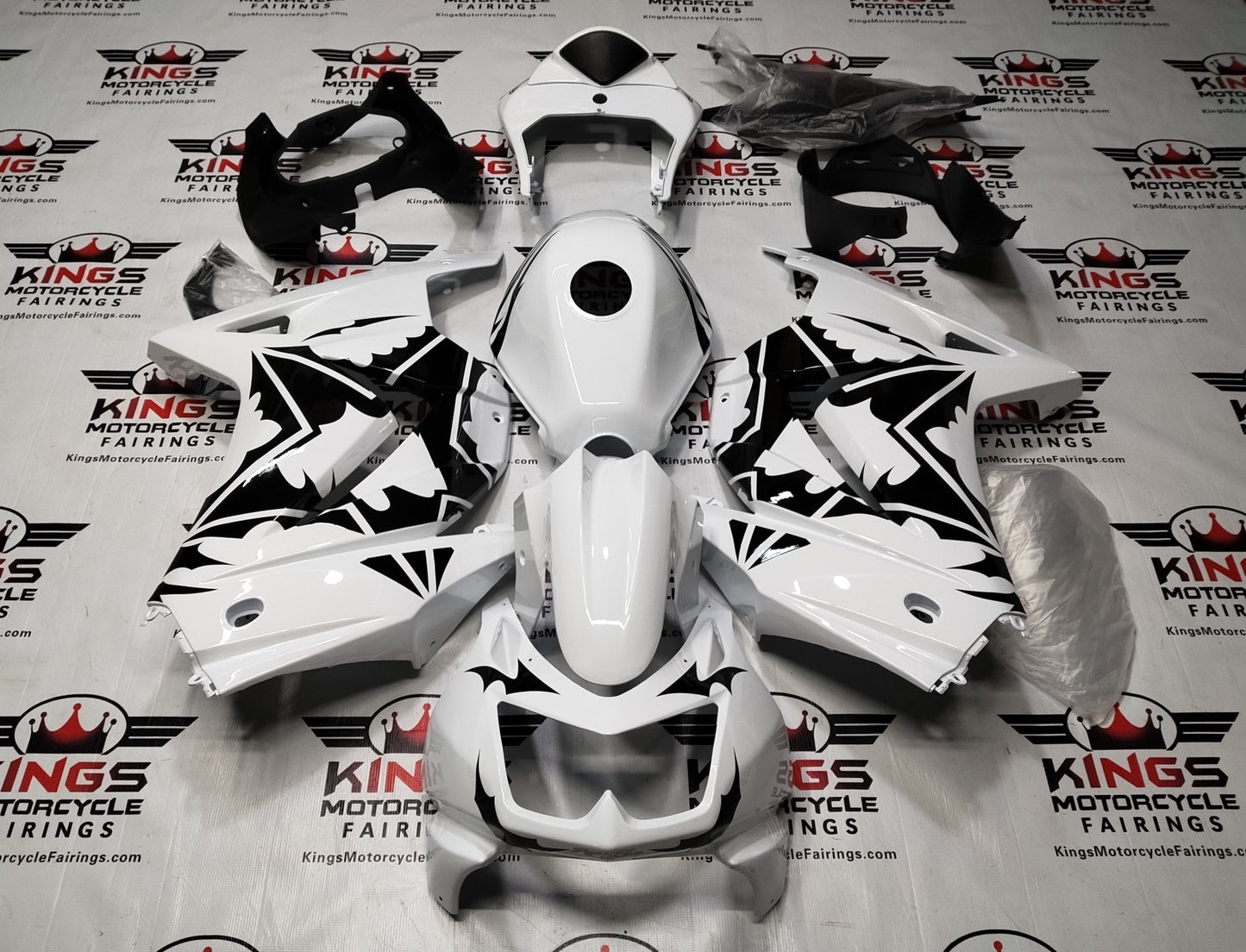 Kawasaki Ninja 250R Fairings (2008-2013) White, Black, Tribal Stars at KingsMotorcycleFairings.com