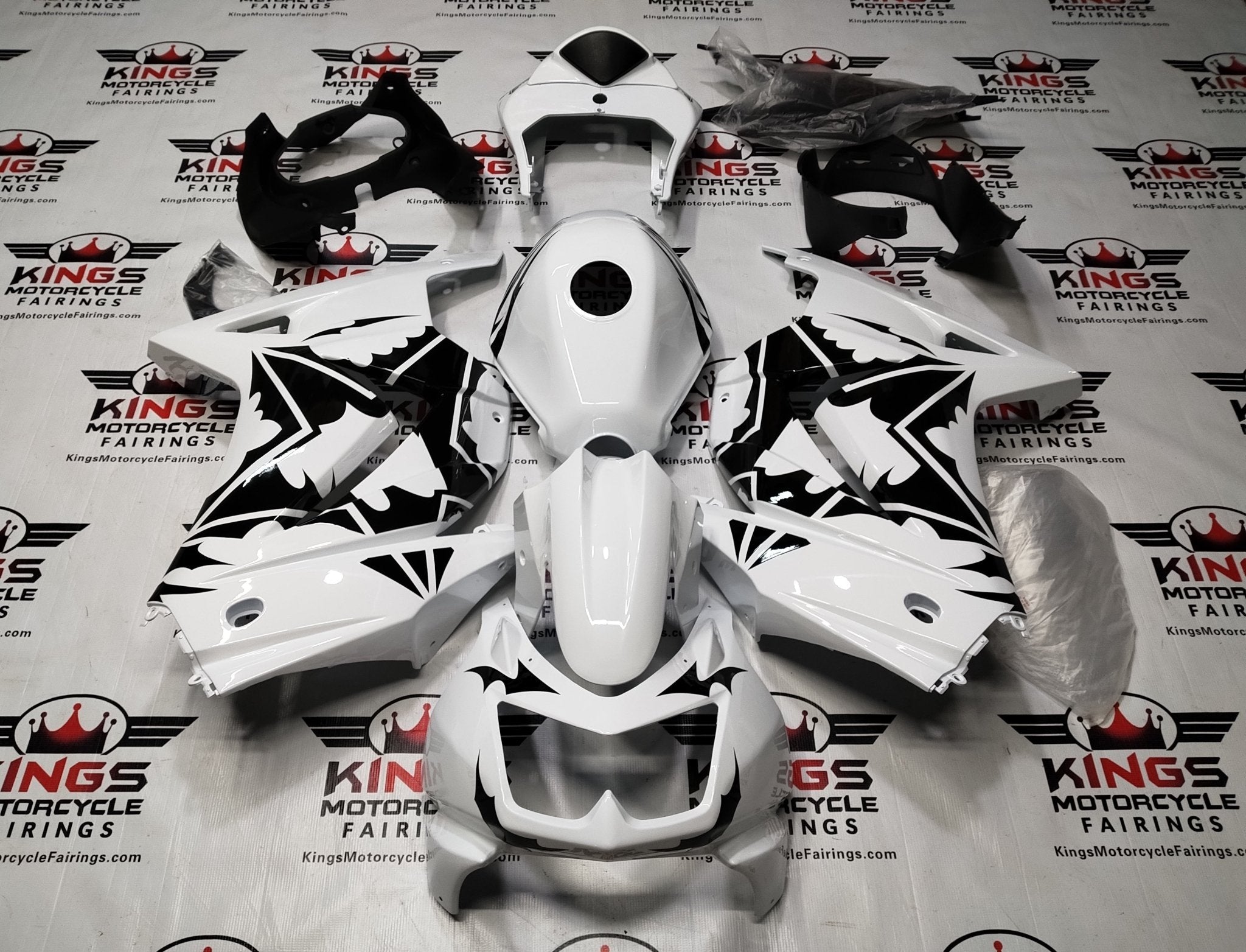Kawasaki Ninja 250R Fairings (2008-2013) White, Black, Tribal Stars at KingsMotorcycleFairings.com
