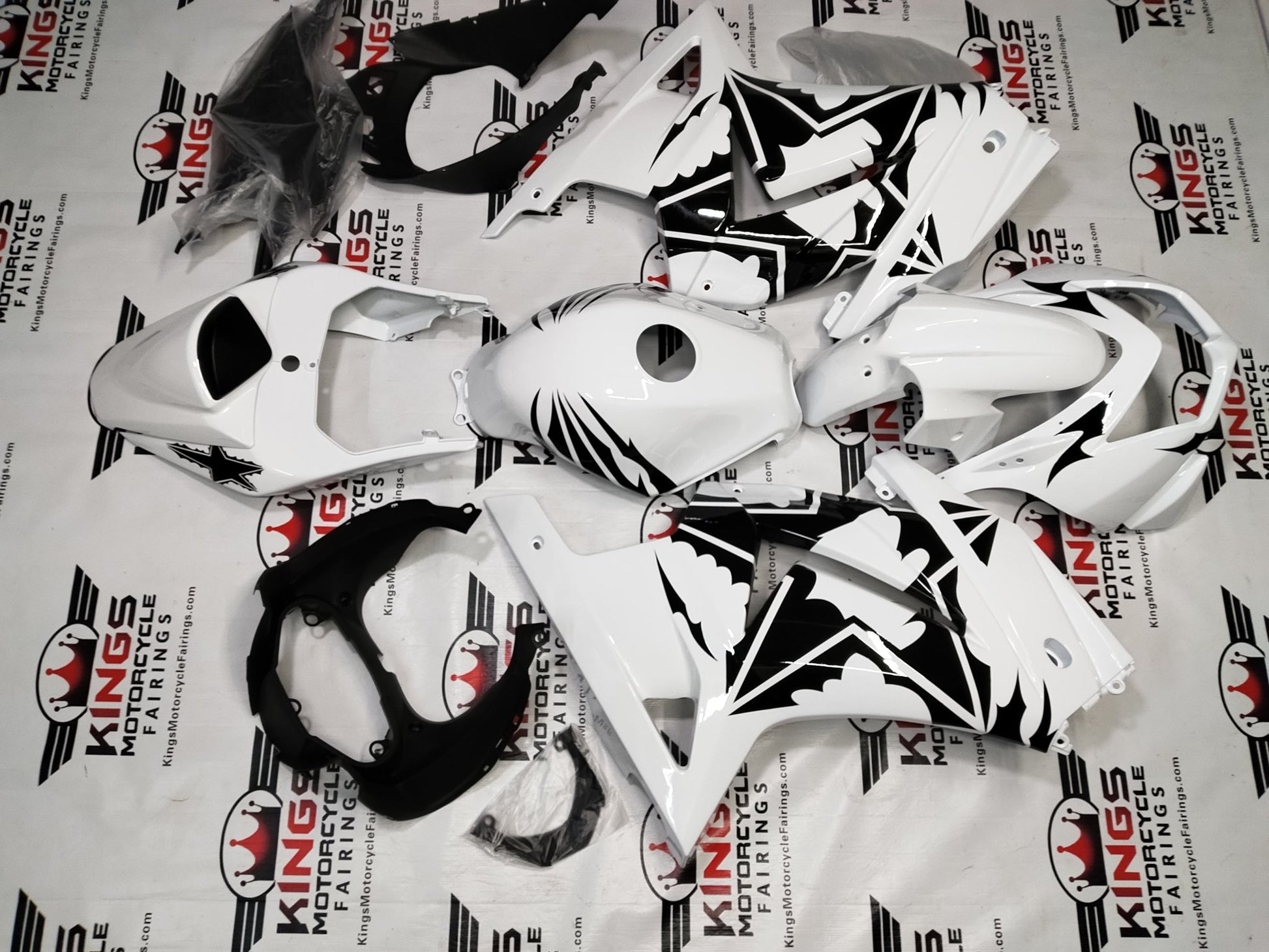 Kawasaki Ninja 250R Fairings (2008-2013) White, Black, Tribal Stars from KingsMotorcycleFairings.com
