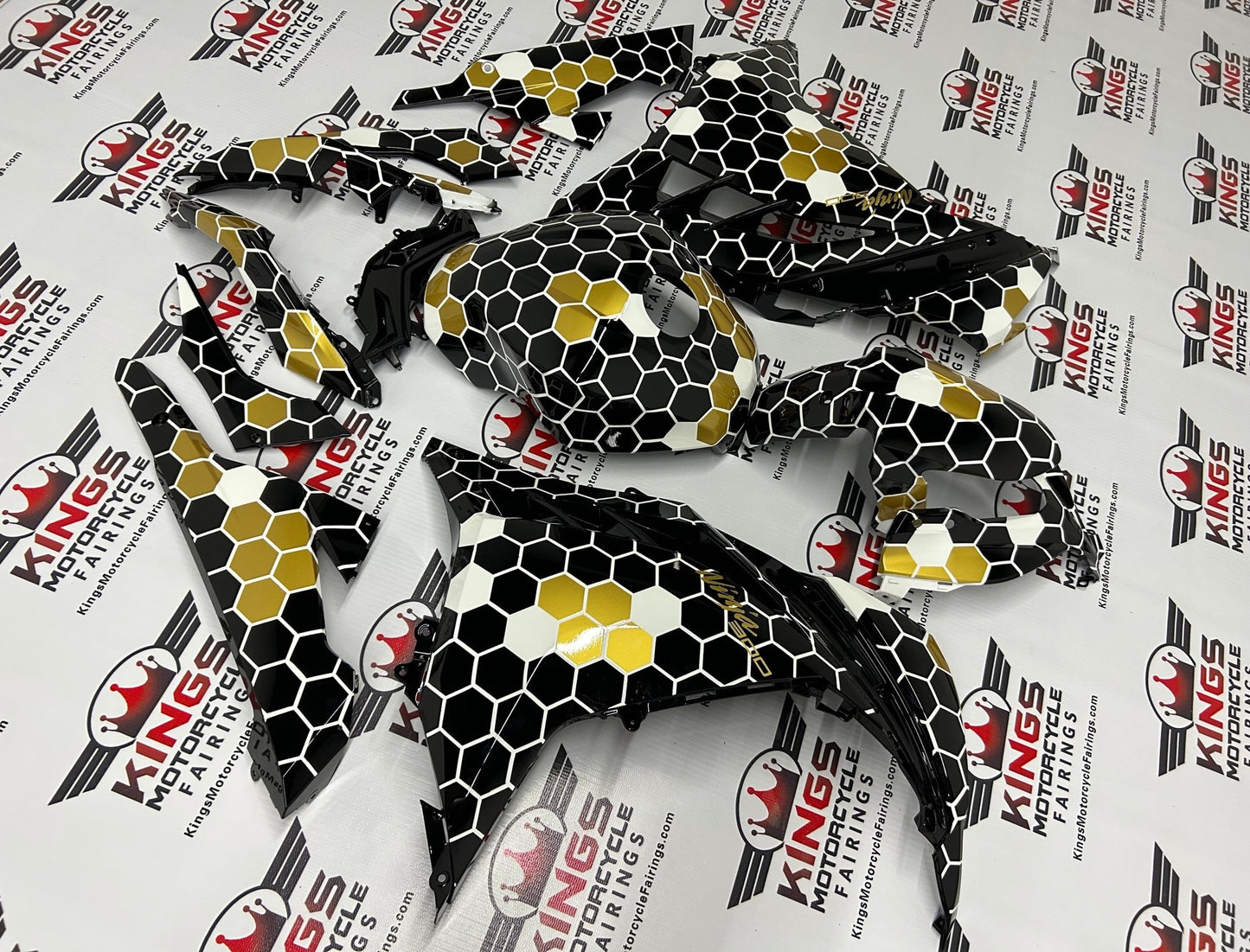 Kawasaki Ninja 300 Fairings (2013-2024) Black, White, Gold Honeycomb from KingsMotorcycleFairings.com