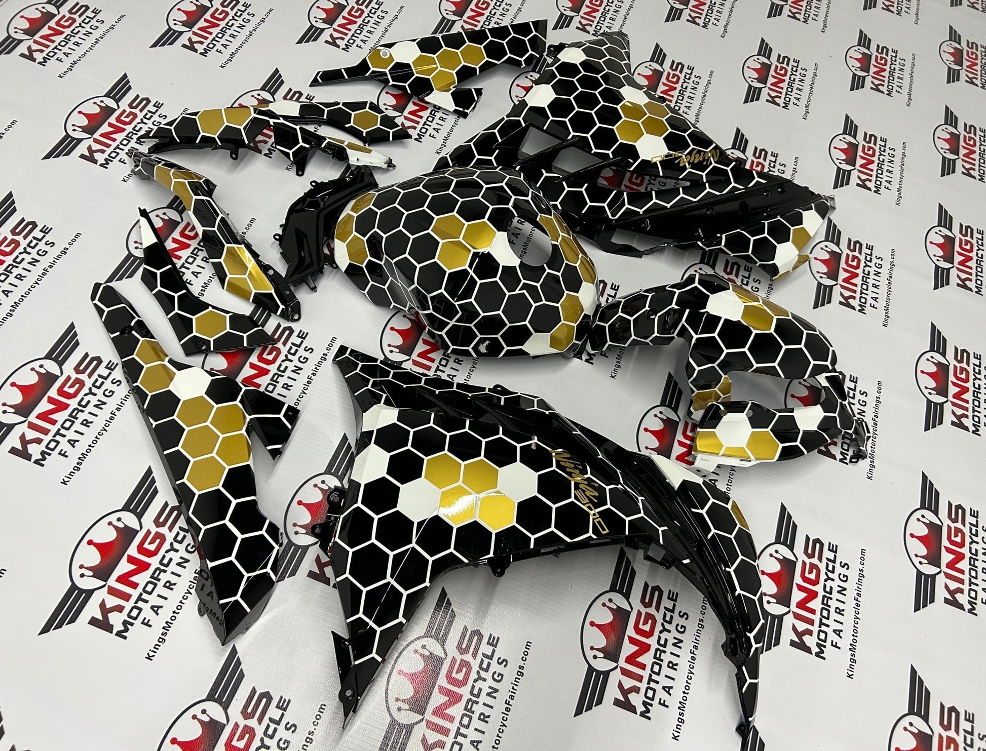 Kawasaki Ninja 300 Fairings (2013-2024) Black, White, Gold Honeycomb from KingsMotorcycleFairings.com