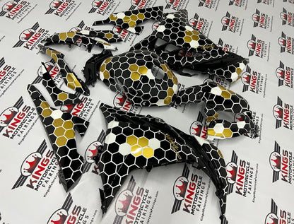 Kawasaki Ninja 300 Fairings (2013-2024) Black, White, Gold Honeycomb from KingsMotorcycleFairings.com